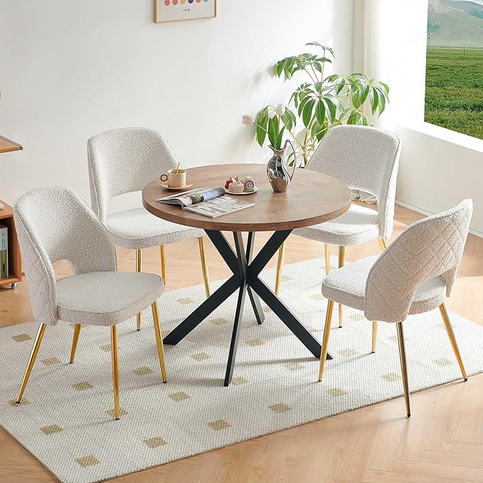 NORDICANA 5-Piece Dining Table Set for 4 - Space Saving 37-Inch Round Table and Chairs, 4 Seaters Dining Set with Upholstered Dining Chairs (Beige)