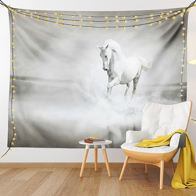 Ambesonne Horses Tapestry, Wild Horse Running Through Water Dramatic for the Motivation of Life Art, Fabric Wall Hanging Decor for Bedroom Living Room Dorm, 23" X 28", Black and White