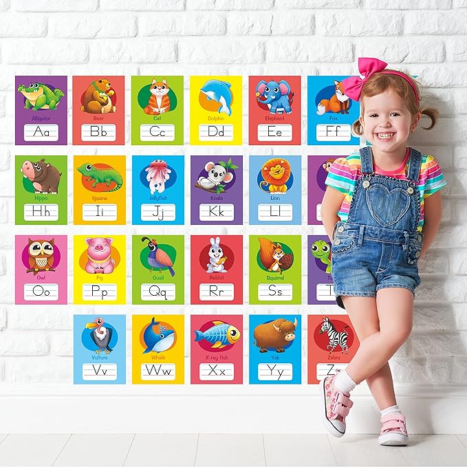 64 PCS Educational Cards, Laminated Water/Tear Proof Preschool Learning Posters Include Alphabet Numbers Colors & 2D/3D Shapes, Kindergarten Preschool Early Education Cards Home Classroom Decorations