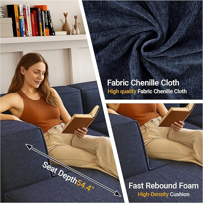 97"+57" 5-Piece Modular Sectional Sofa Convertible Cube Thick Couch 2 3 4 Seat Set, L-Shape, No Assembly for Living Room (3xArmless+1xCorner+1xOttoman) Fabric Chenille Blue