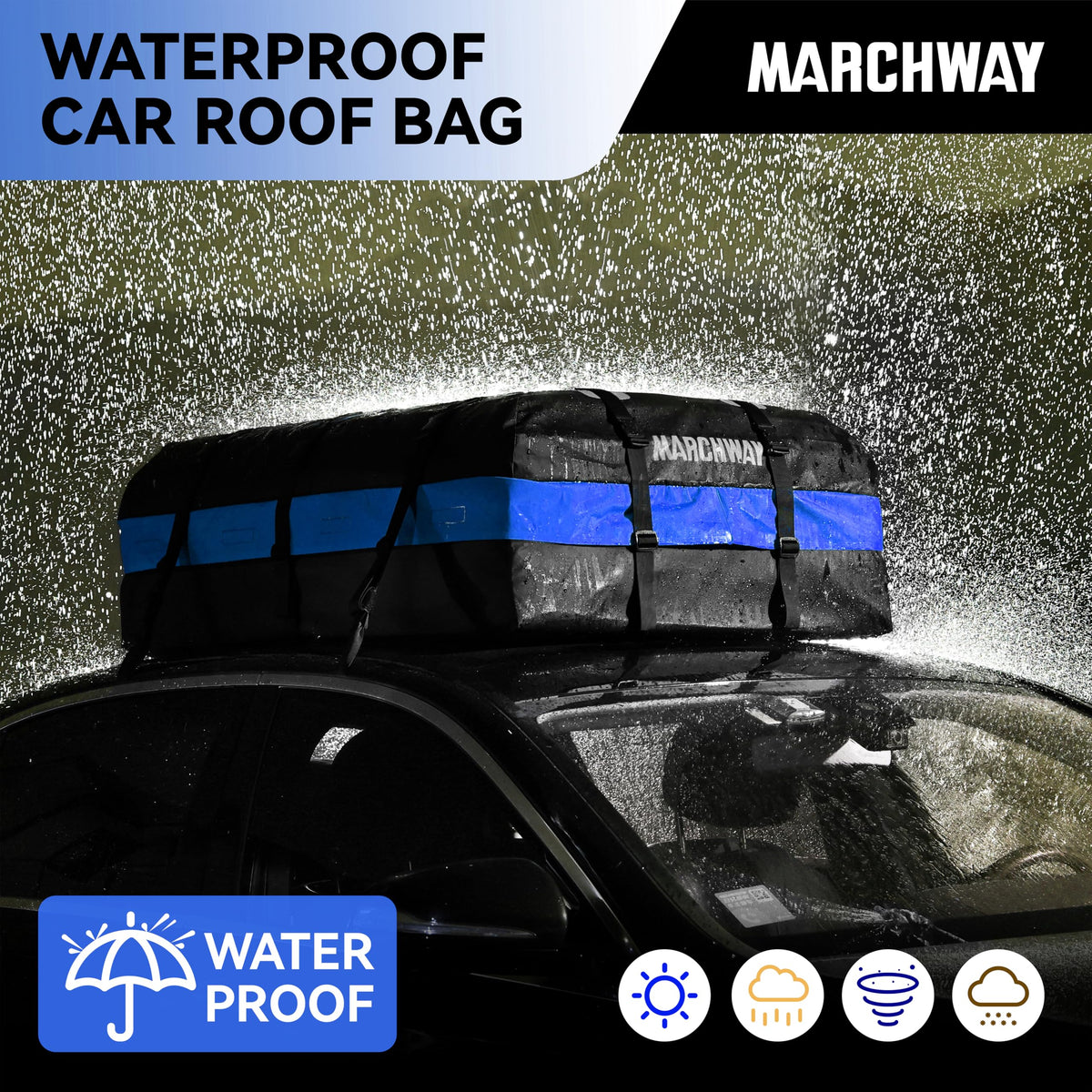 MARCHWAY Waterproof Car Roof Luggage Bag, Weatherproof Soft Shell Rooftop Cargo Carrier Bag for Vehicles with or Without Rack. 6 Door Hooks, Anti Slip Mat, Lock Included (21 Cubic Feet, Blue)