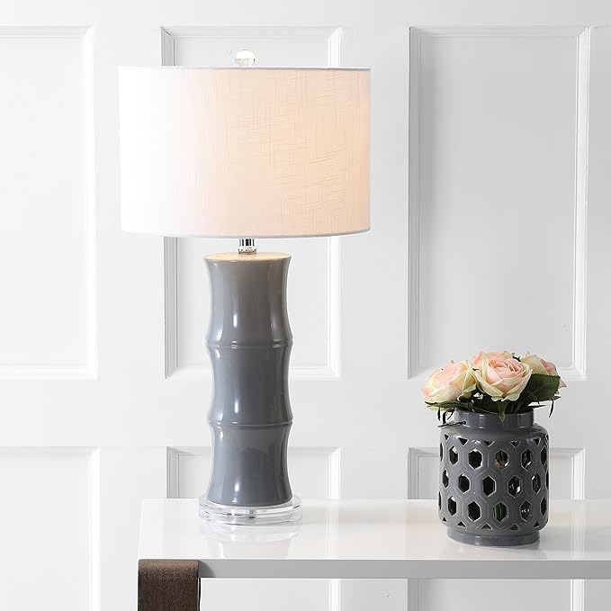JONATHAN Y 26.5" Gray Ceramic Table Lamp for Living Room, Bedroom Nightstand, White Linen Drum Shade, Bamboo Design Modern Bedside Desk Lamp with LED Bulb Included (JYL3015B)