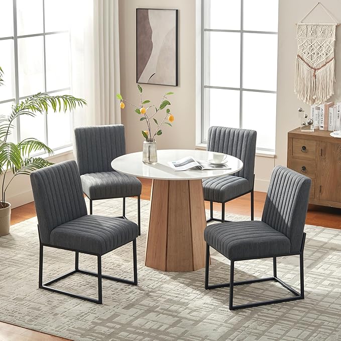 VKNOW Upholstered Dining Chairs, Modern Dining Room Chairs with Stripe, Linen Kitchen Chair Dinner Chair with Black Metal Base for Kitchen Office, Dark Grey
