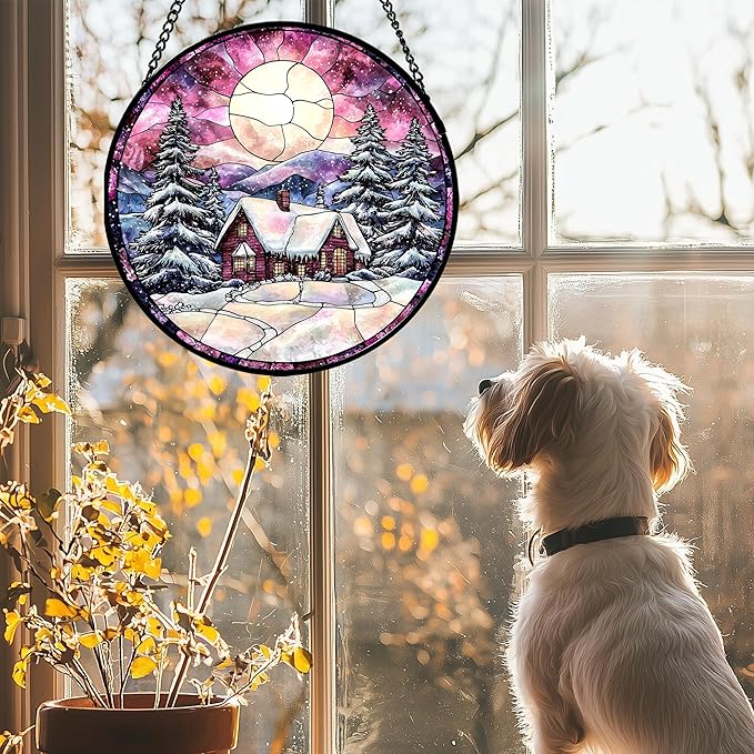 Stained Glass Window Hanging - Winter Snow Scene Cabin Moon Sun Catcher for Door Garden Home Decor Pine Tree Suncatcher Christmas Mother's Day Birthday Gifts for Women Men Mom Nana 7.8 in