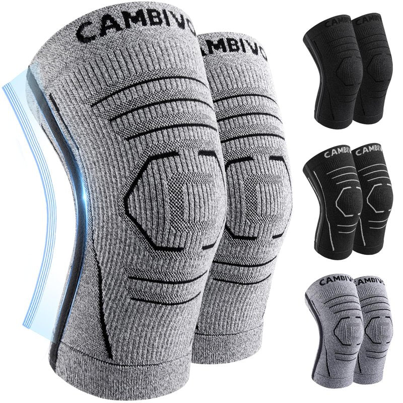 CAMBIVO 2 Pack Knee Brace for Women & Men, Latex Free & Silicone Free Compression Knee Sleeves with Side Stabilizers, Lightweight Knee Support for Arthritis, Meniscus, Walking, Running (Gray, Large)