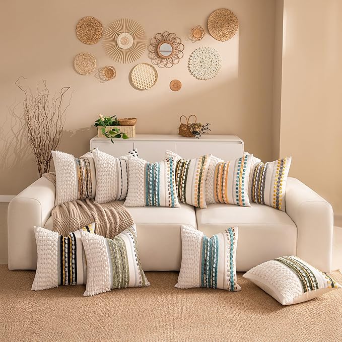KOOLIFE Fall Boho Chenille Tufted Couch Throw Pillow Covers 18x18 Inch Set of 2 Farmhouse Striped Decorative Pillow Covers Accent Neutral Pillowcase Yellow Teal Cushion Cover for Living Room Sofa Bed