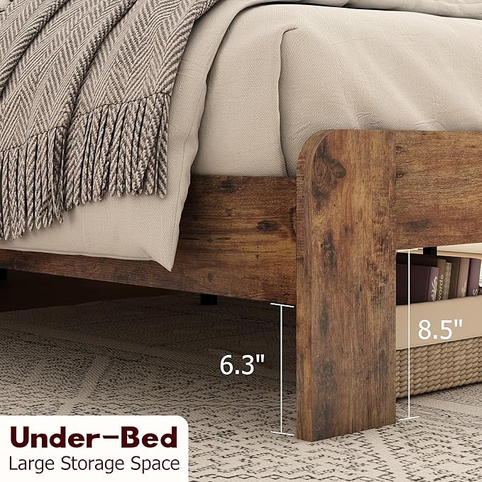 Queen Size Bed Frame with Wooden Headboard and Footboard, Rustic Platform Bedframe, Wood Slats Support, No Box Spring Needed, Under Bed Storage, Easy Assembly, Brown
