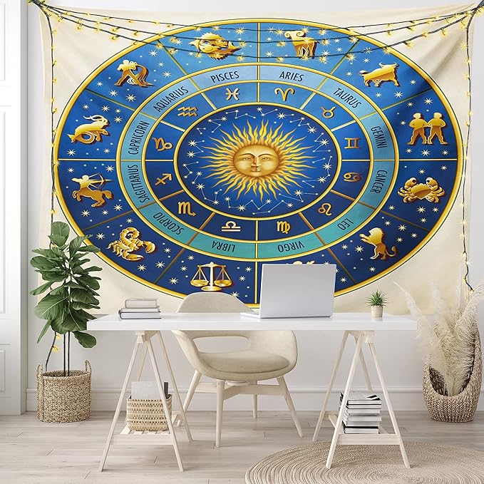 Ambesonne Astrology Tapestry Twin Size, Wheel of Astrological Signs Names Dates Moon Sun in Middle, Wall Hanging Bedspread Bed Cover Wall Decor, Twin Size, Blue Yellow and Cream