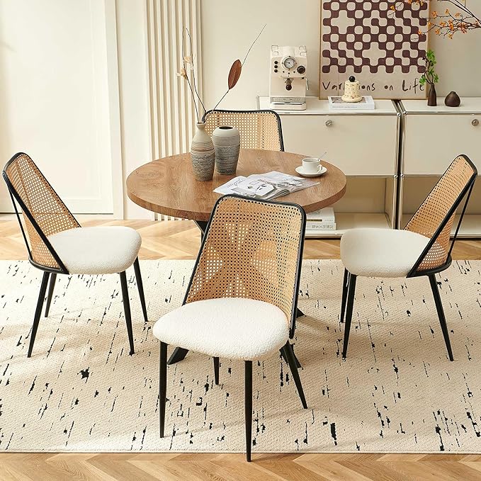 Rattan Dining Chairs Set of 4, Modern Mid Century Dining Chairs Upholstered Kitchen Chairs Boucle Stylish Cane Chairs with Metal Legs for Apartment, Dining Room
