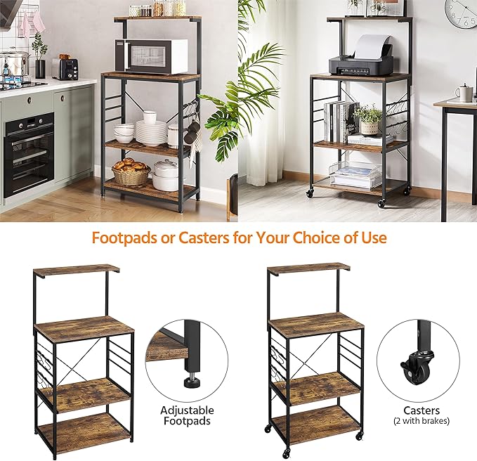 Yaheetech Bakers Rack on Wheels(16D x 24W x 50H Inches), Microwave Stand Cart Coffee Bar Stand with 6 Hooks, Kitchen Utility Storage Cart with Spice Rack, Rustic Brown