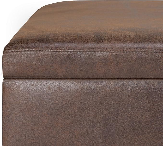 SIMPLIHOME Owen Small Rectangular Storage Ottoman - 36 inch Wide Upholstered Vegan Leather Lift-Top Ottoman in Distressed Chestnut Brown, Mid-Century Modern Ottoman for Living Room with Tufted Detail