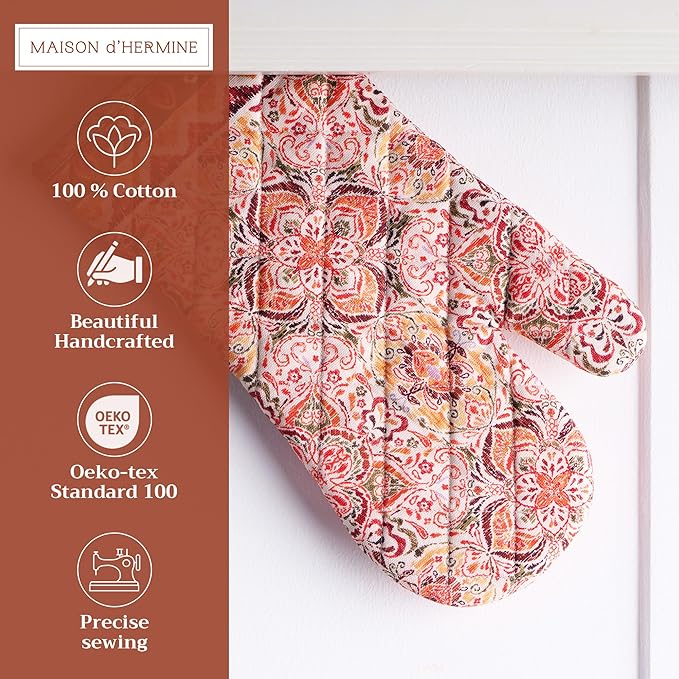 Maison d' Hermine Oven Gloves 100% Cotton Oven Mitt 7" x 13" with Loop Heat Resistant BBQ Cooking Gloves for Thanksgiving Christmas Decorations Baking Handling Hot Pans (Pack of 1, Damask)