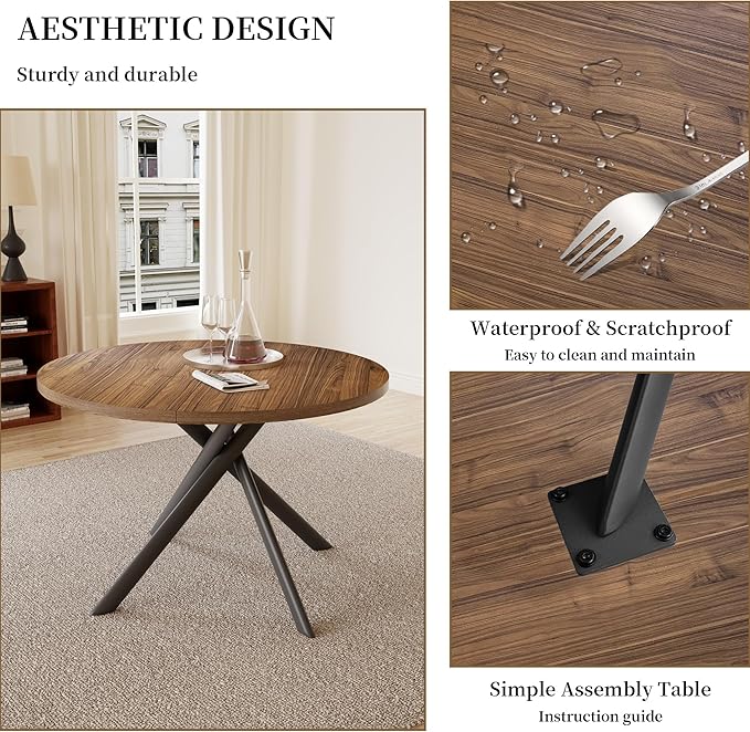 45.3'' Walnut Round Dining Table Set for 4, Mid Century Modern Small Coffee Set for Dining Room Kitchen Apartment (Light Walnut + 4 Black Chairs)
