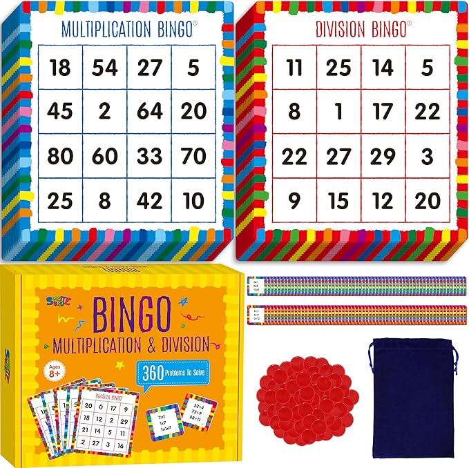 SpriteGru Multiplication & Division Bingo Game, 360 Math Problems, 2 Educational Math Board Game for Kindergarten and Preschool Kids, Perfect for Classroom & at Home