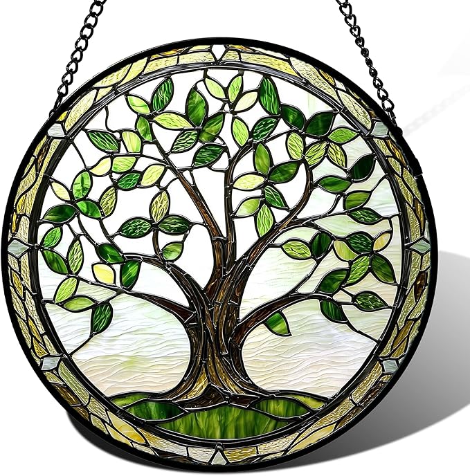 Stained Glass Window Hanging - Brown Tree Trunk Green Leaves Sun Catcher for Door Garden Home Decor Plant Suncatcher Christmas Mother's Day Birthday Gifts for Women Men Mom Nana 7.8 in