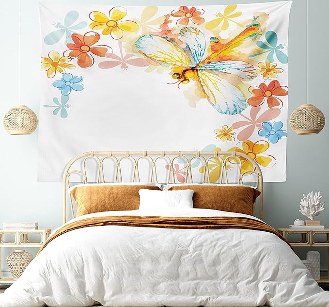 Ambesonne Dragonfly Tapestry Queen Size, Abstract Grunge Vintage Design Moth Spring Flowers Floral Frame Art Print, Wall Hanging Bedspread Bed Cover Wall Decor, 88" X 88", Yellow Orange