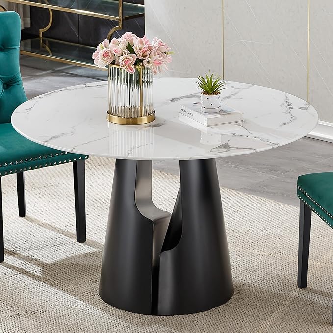 Round Faux Marble Dining Table Set for 4, Modern Luxury Kitchen Table for 4-6, Circle Dining Tables with White Marble Grain Top and Black Carbon Steel Pedestal Base (1 Table Only)