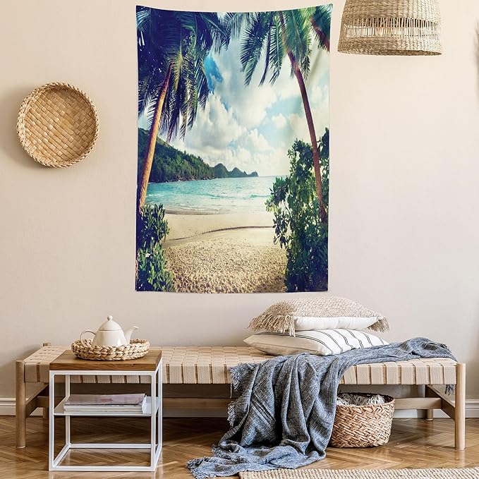 Ambesonne Palm Tree Tapestry Twin Size, Summer Beach Vintage Style Tropical Sunset Picture Print, Wall Hanging Bedspread Bed Cover Wall Decor, 68" X 88", Dark Green Sand Brown