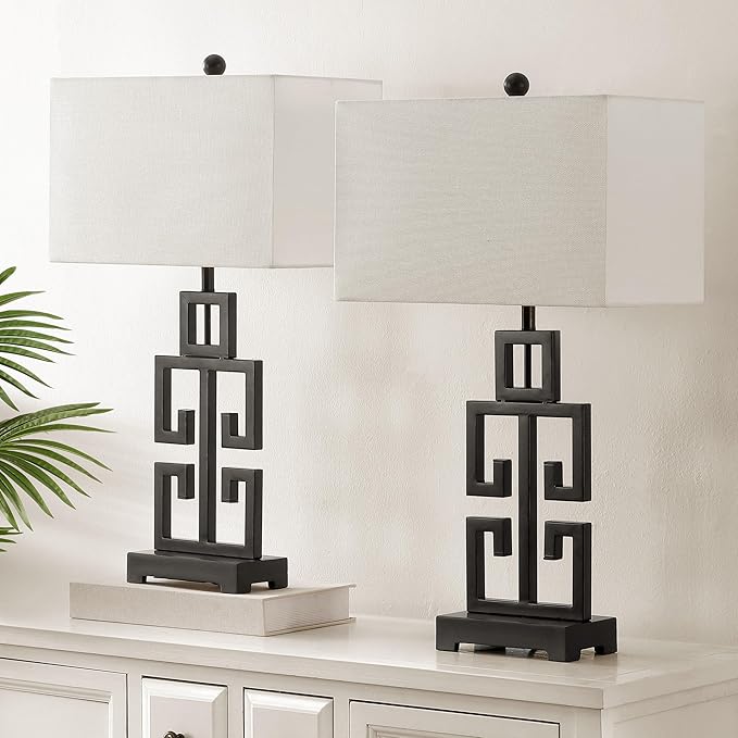 SAFAVIEH Lighting Collection – Greek Key Table Lamp Set of 2 – Oil-Rubbed Bronze Base with White Fabric Shade, LED Bulbs Included, 29-Inch Bedroom Living Room Desk Lamps (LIT4305B-SET2)