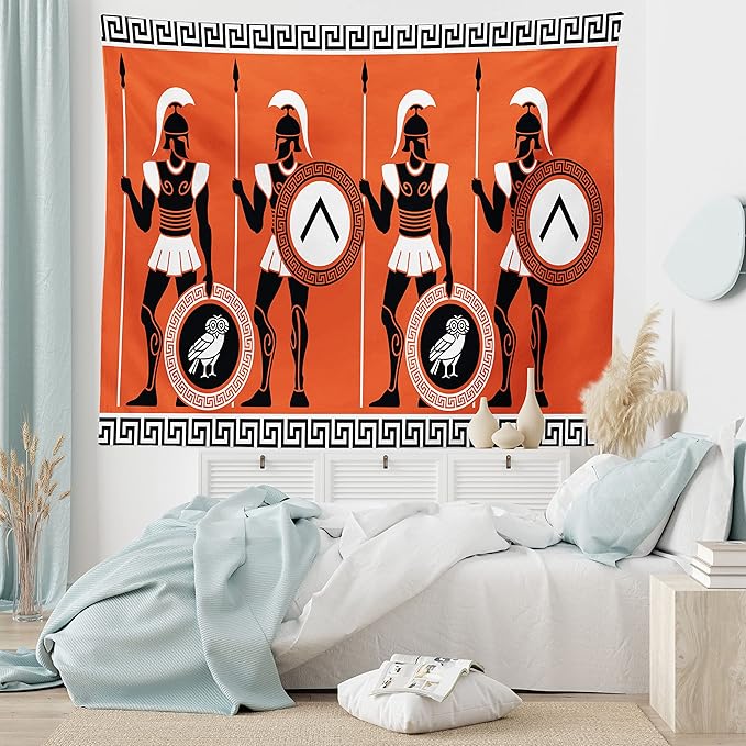 Ambesonne Retro Tapestry King Size, Historical in Greece Theme Cultures, Wall Hanging Bedspread Bed Cover Wall Decor, 104" X 88", Orange Black White