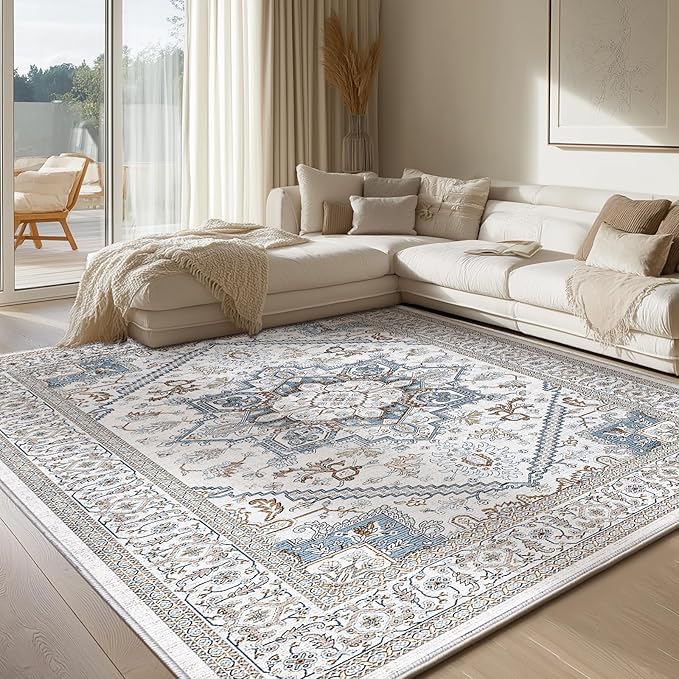 OPPODREAM Thin Neutral Area Rugs 3x5, Washable Rugs with Non Slip Backing, Low-Pile Throw 3x5 Carpet, Faux Cashmere 3 x 5 Carpet, Cream White & Blue & Light Brown