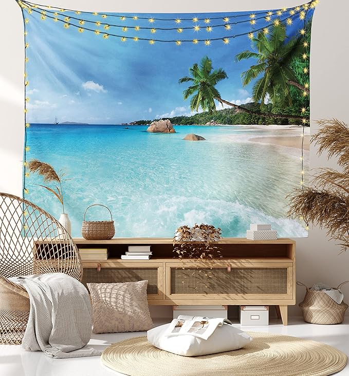 Ambesonne Ocean Tapestry King Size, Anse Lazio Beach at Praslin Island Surfing Beach Scenic View Travel, Wall Hanging Bedspread Bed Cover Wall Decor, 104" X 88", Blue and Turquoise
