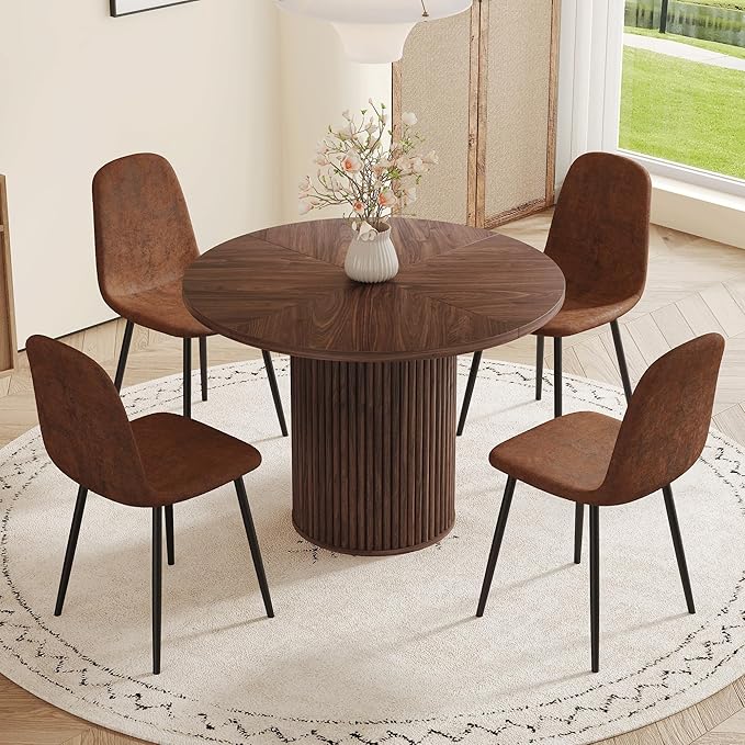 AZmac Round Dining Table Set for 4, Wooden Round Table 5-Piece with Modern Farmhouse Dining Table and 4 Suede Leather Chairs for Kitchen Dining Room, Walnut Table + 4 Brown Chairs