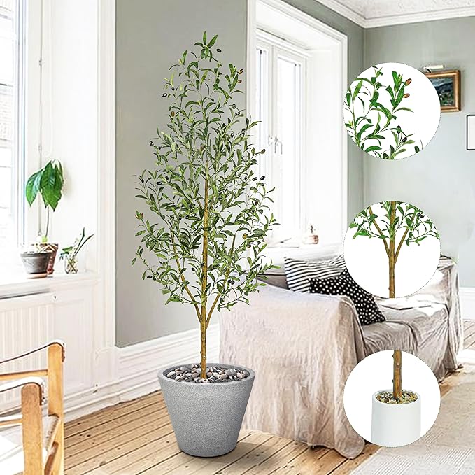 Artificial Olive Tree Artificial Plants, Tall Faux Olive Silk Plant with White Planter Home Office Decor Indoor Fake Potted Tree with Lifelike Fruits Housewarming Gift (1, White, 7FT)