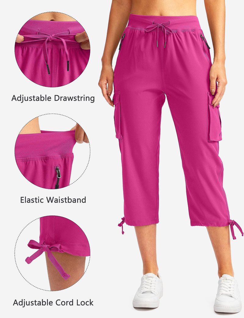Soothfeel Women's Cargo Capris Pants with 6 Pockets Lightweight Quick Dry Travel Hiking Summer Pants for Women Casual (Rose, XL)
