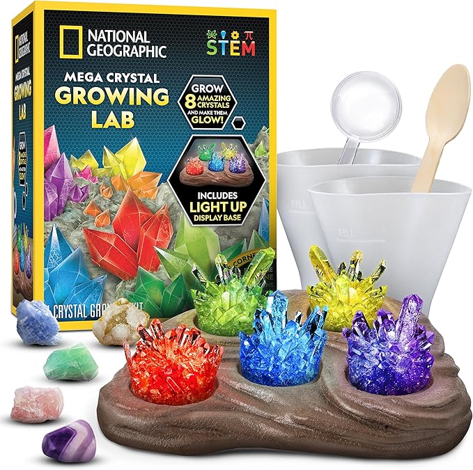 NATIONAL GEOGRAPHIC Mega Crystal Growing Kit for Kids- Grow 8 Crystals with Light-Up Stand, Science Gifts for Kids 8-12, Crystal Making Experiment, Science Kit for Girls and Boys