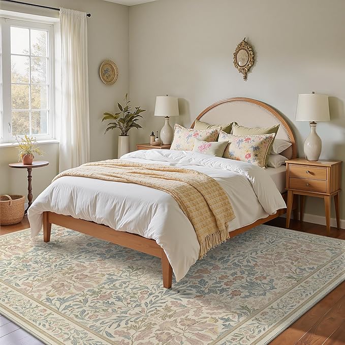 GENIMO 8x10 Washable Area Rug, Non-Slip Vintage Boho Floral Carpet, Soft Low-Pile Thin Living Room Rug for Bedroom, Dining Room, Nursery, Beige Pink