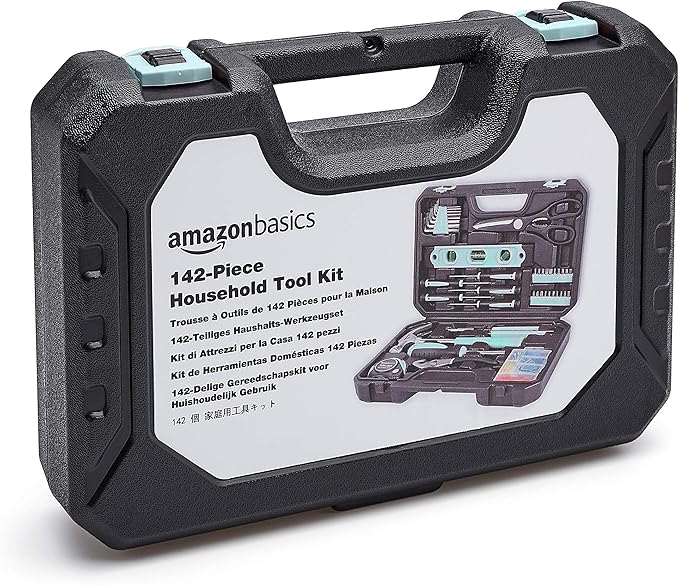 Amazon Basics 142-Piece Household Tool Kit for Home Repair,Hand Tools with Storage Case,13.39 x 9.25 x 2.95 inch,Turquoise,(Pack of 4)
