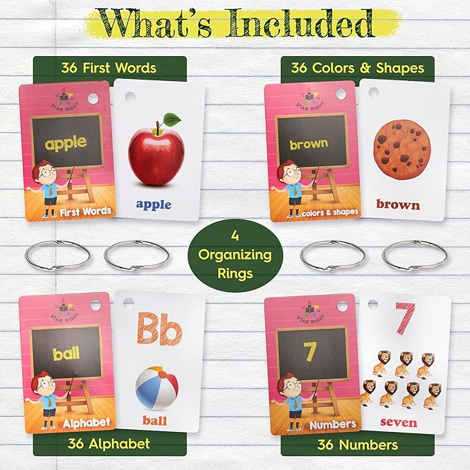 Star Right Flash Cards Set of 4 - Numbers, Alphabets, First Words, Colors & Shapes - Value Pack Flash Cards with Rings for Pre K - K