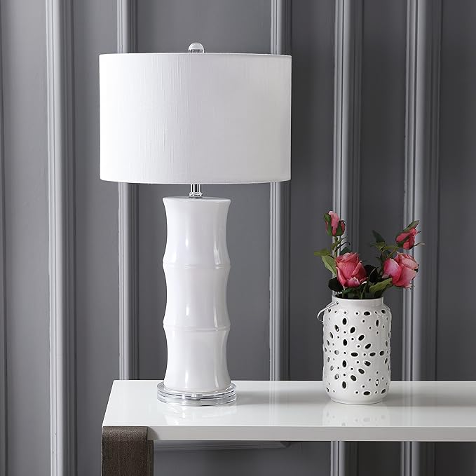 JONATHAN Y 26.5" White Ceramic Table Lamp for Living Room, Bedroom Nightstand, White Linen Drum Shade, Bamboo Design Modern Bedside Desk Lamp with LED Bulb Included (JYL3015C)