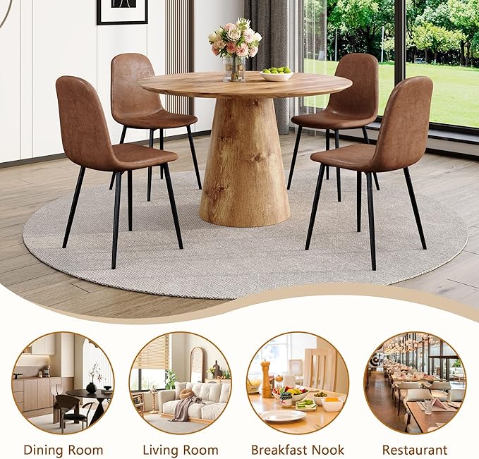 Round Dining Table Set for 6,45'' Farmhouse Dining Room Table Set for 6 with Suede Chairs,1" Thick Wood Pattern Tabletop with Conical Base,7 Pieces Kitchen Table Set for Dining Room,Apartment