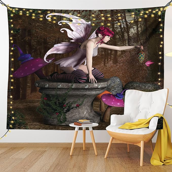Ambesonne Tale Tapestry King Size, Dimensional Mythical Creature Design Artifact on Pedestal Forest Print, Wall Hanging Bedspread Bed Cover Wall Decor, 104" X 88", Red Purple Grey
