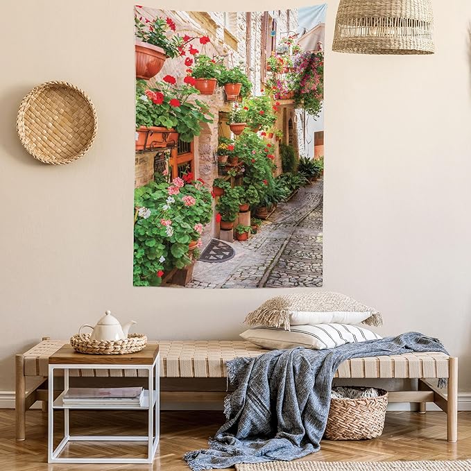 Ambesonne Italian Tapestry, Street View of a Small Renaissance Town with Floral Porches and Rock Mediterranean, Fabric Wall Hanging Decor for Bedroom Living Room Dorm, 23" X 28", Pale Brown