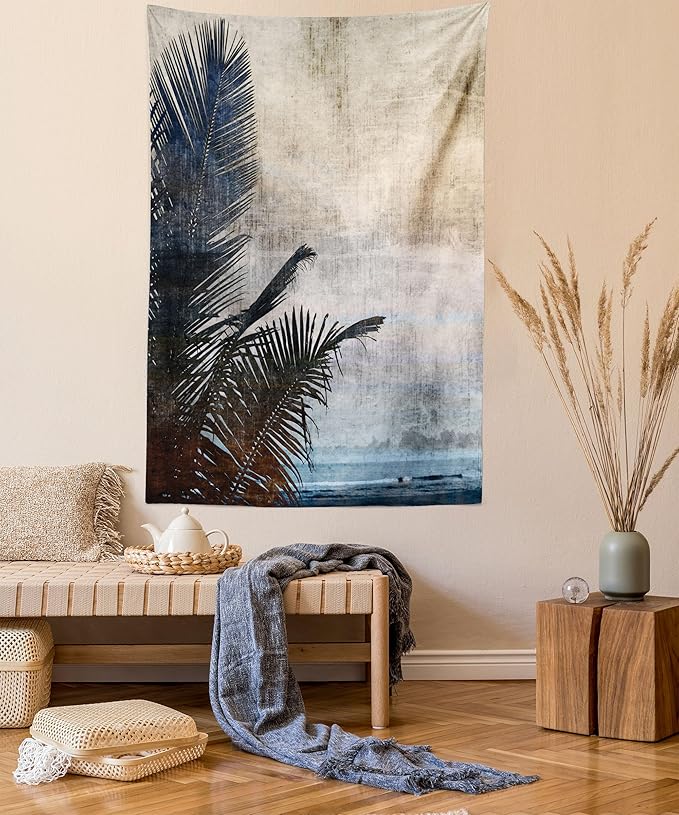 Ambesonne Hawaiian Tapestry Twin Size, Palm Tree Leaves on Grunge Background with Sea Vintage Waterscape Illustration, Wall Hanging Bedspread Bed Cover Wall Decor, 68" X 88", Beige Indigo