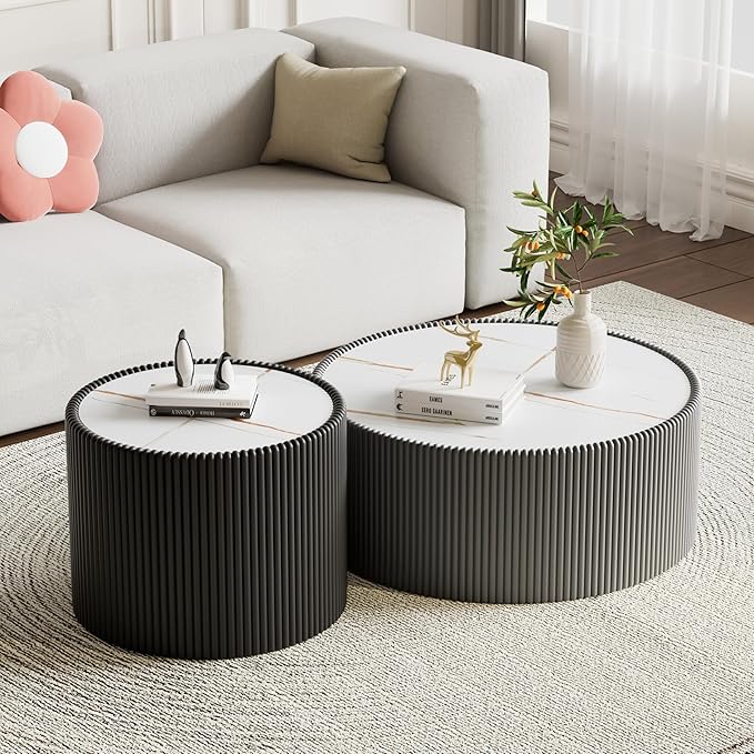 Grey Round Coffee Table with Sintered Stone Tabletop, 29.52" Drum Coffee Table with Fluted PU Leather Covered and Stable Base, Circle Cocktail Tea Table for Living Room