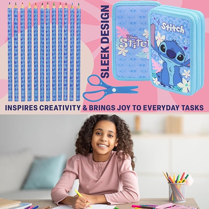 Disney Stitch Pencil Case for Girls Kids Tweens Colored Pencils Markers Pen Eraser Ruler Frozen School Supplies Stationary Gifts for Girls (Blue Stitch 2 Compartment)