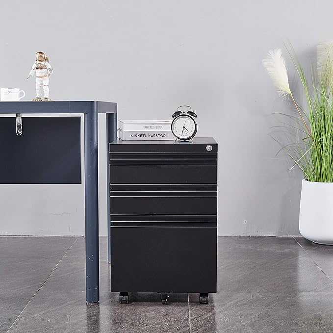 FLEXISPOT 3-Drawer Metal Mobile Filing Cabinet for Home Office - Under Desk Storage with Lock Keys - Legal/Letter/A4 File Organizer - Fully Assembled Except Wheels - Black
