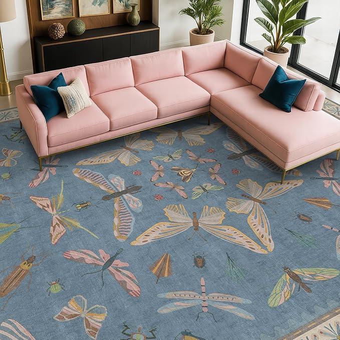 Insect Light Blue Rug for Living Room - 9x12 Cute Rugs for Bedroom, Moth Floral Boho Design, Low Pile Stain Resistant Washable, Perfect for High Traffic Area