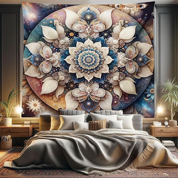Ambesonne Mandala Tapestry King Size, Dreamy Composition of Astral Atmosphere Blooming Trippy Floral Boho, Wall Hanging Bedspread Bed Cover Wall Decor, 104" X 88", Eggshell Sea Blue Indigo