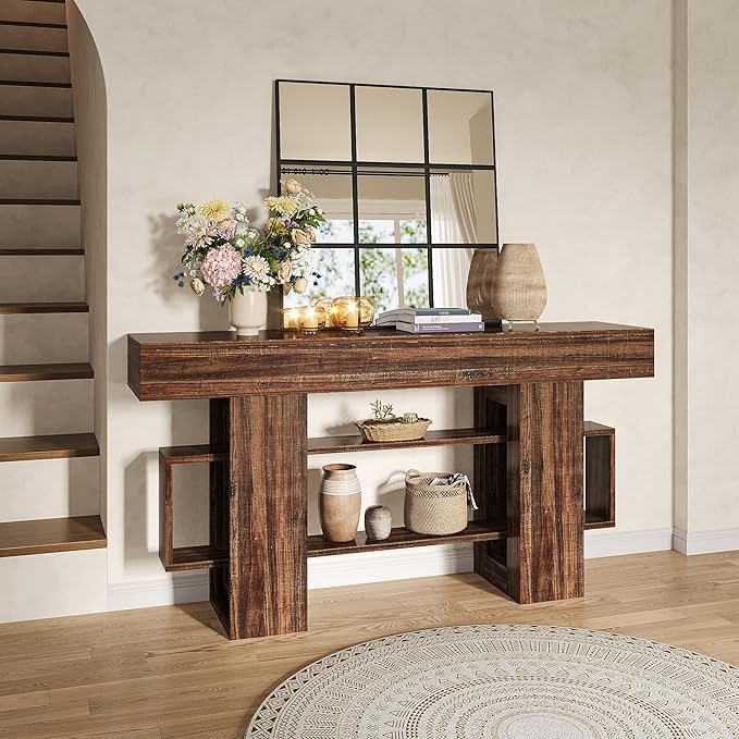 Feonase 63 Inches Long Console Table for Entryway, Wooden Sofa Table Behind Couch with 3-Tier Storage, Farmhouse Narrow Entry Hallway Table for Living Room Foyer Entrance, Rustic Brown