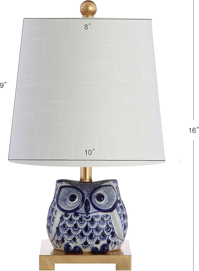 JONATHAN Y 16" Blue/White Ceramic Owl Mini Table Lamp for Bedroom or Office, Modern Farmhouse Nightstand Lamp with White Linen Shade, LED Bulb Included JYL3014A