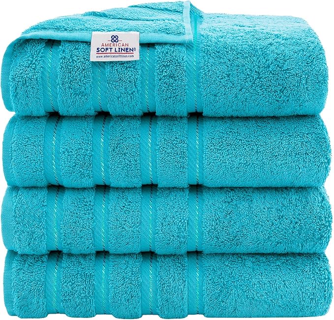 American Soft Linen Luxury 4 Piece Bath Towel Set, 600 GSM 100% Cotton Turkish Bath Towels for Bathroom, 27x54 in Extra Large Bathroom Shower Towels, Aqua Blue