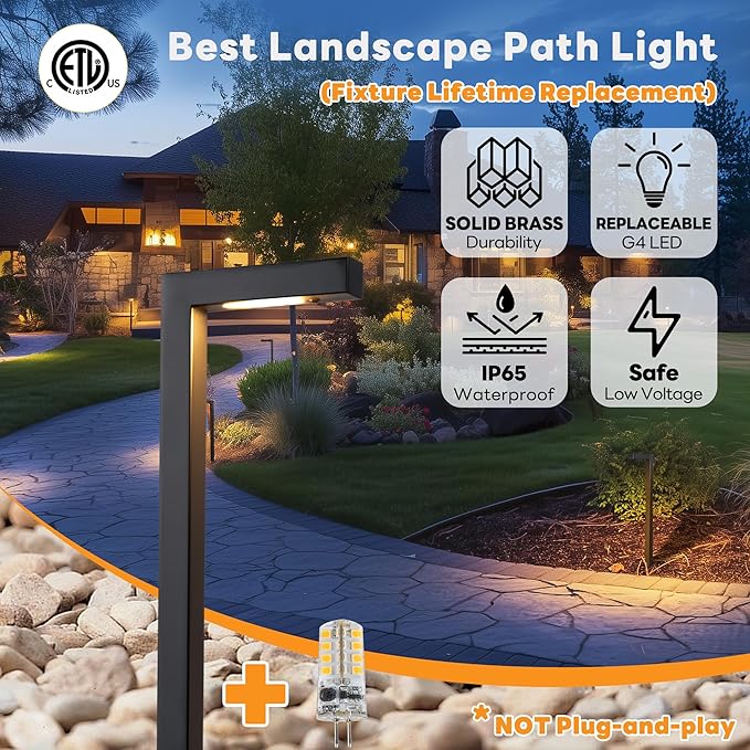 Brass Outdoor Garden Lights, Black Low Voltage Wired Landscape Path Lights, 12V Waterproof Bronze L Shape Pathway Lights for Walkway Sideway Patio with 3W 270LM 5000K G4 Bulb 10 Pack