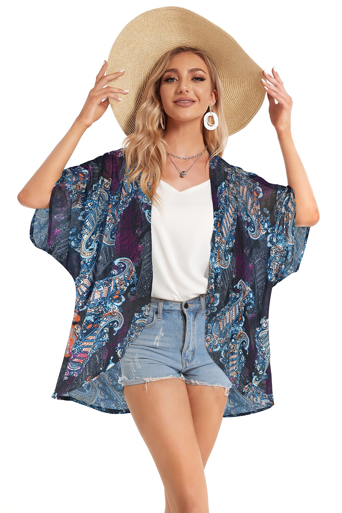 Summer Kimono Cardigan for Women Sheer Light Tops Casual Open Front Swimwear Shirts Beach Cover ups (Boho Purple,XL)