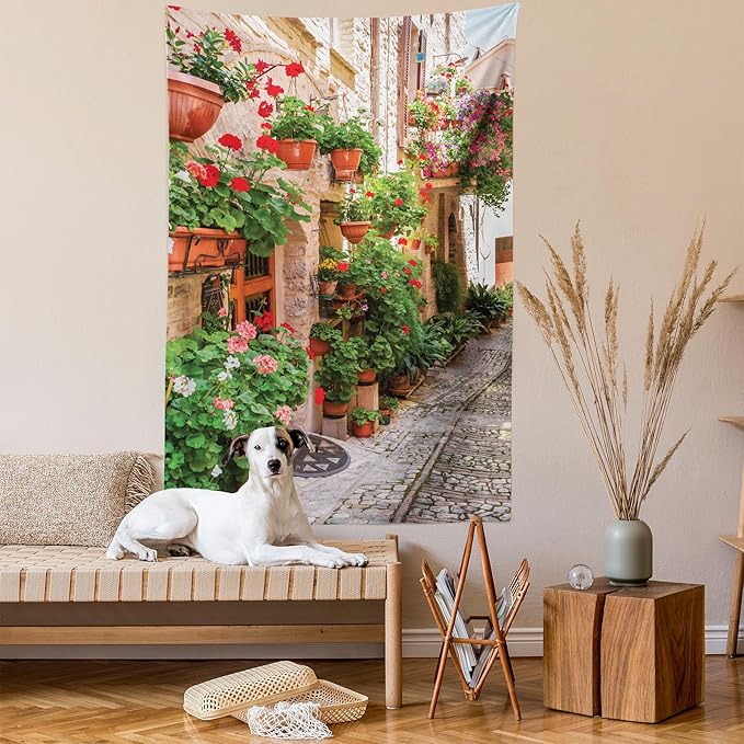 Ambesonne Italian Tapestry, Street View of a Small Renaissance Town with Floral Porches and Rock Mediterranean, Fabric Wall Hanging Decor for Bedroom Living Room Dorm, 30" X 45", Pale Brown