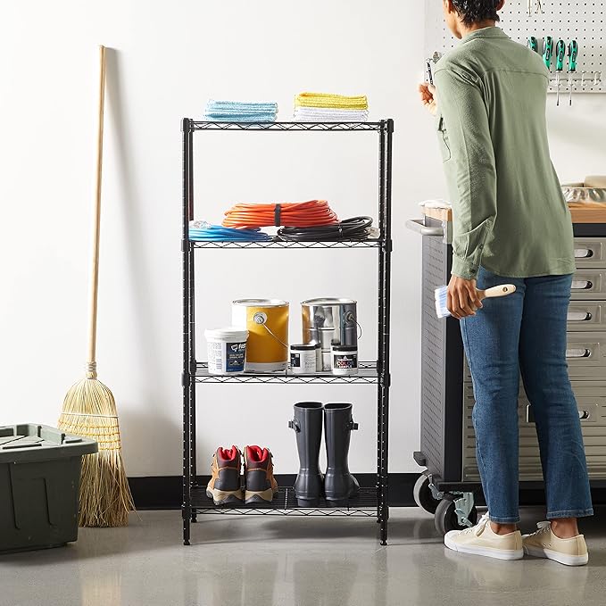 Amazon Basics 4-Shelf Steel Wire Rack, 13.4 D x 23.2 W x 48 H in, Black | Sturdy, Adjustable, Easy Assembly, Storage